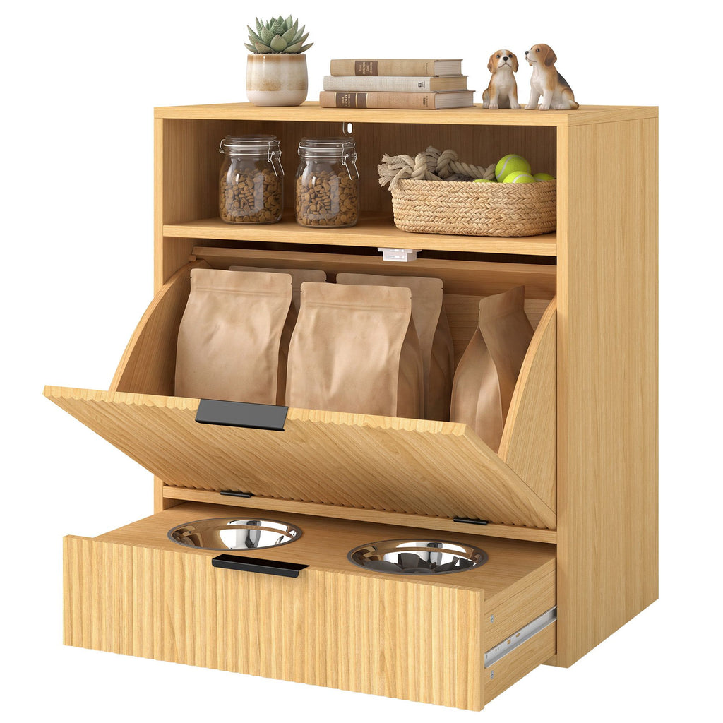 Dog Feeding Station with Storage, Hidden Pet Feeding Station with 2 Elevated Bowls, Tilt Out Storage Cabinet