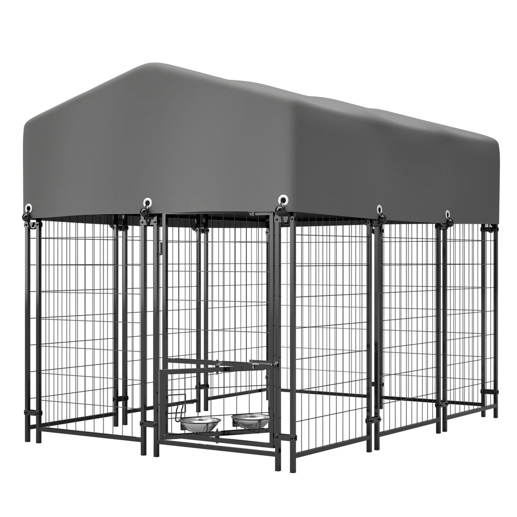 Dog Kennel Outdoor with Roof, 4.23'x5.82'x4.83' Welded Wire Enclosure, Heavy Duty Dog Crate with UV-Resistant Waterproof Cover, Double Lock & Rotating Feeder