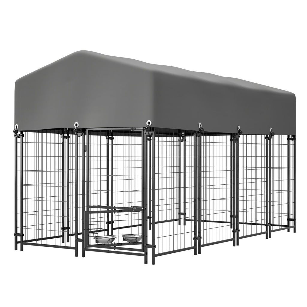 Dog Kennel Outdoor with Roof, 4.23'x7.81'x4.83' Welded Wire Enclosure, Heavy Duty Dog Crate with UV-Resistant Waterproof Cover, Double Lock & Rotating Feeder for Medium/Large Dogs