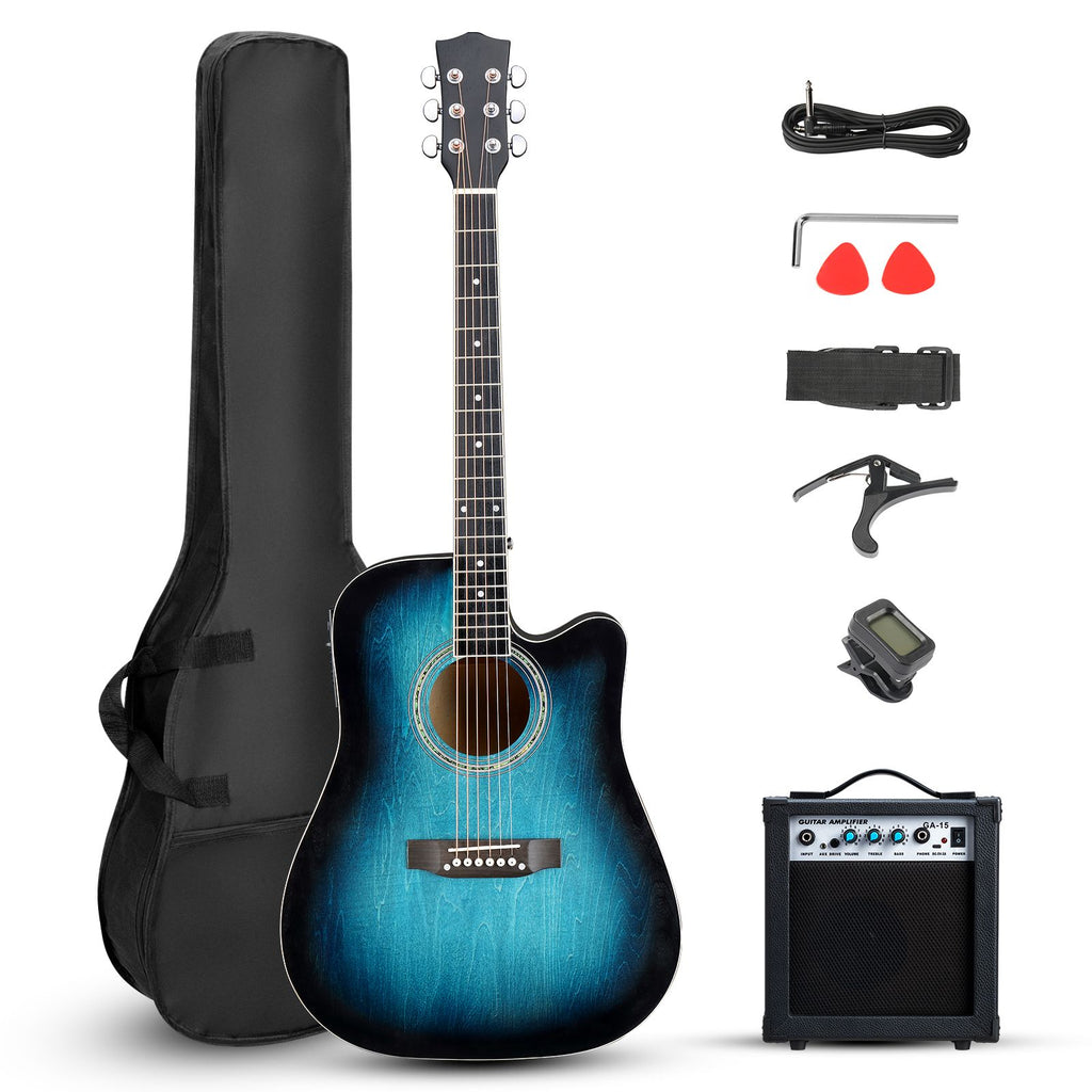 [Don't sell on Amazon]KMA101 41-inch basswood top matte binding folk guitar, equipped with 10W amplifier, gig bag, tuner and other accessories, blue rubbed