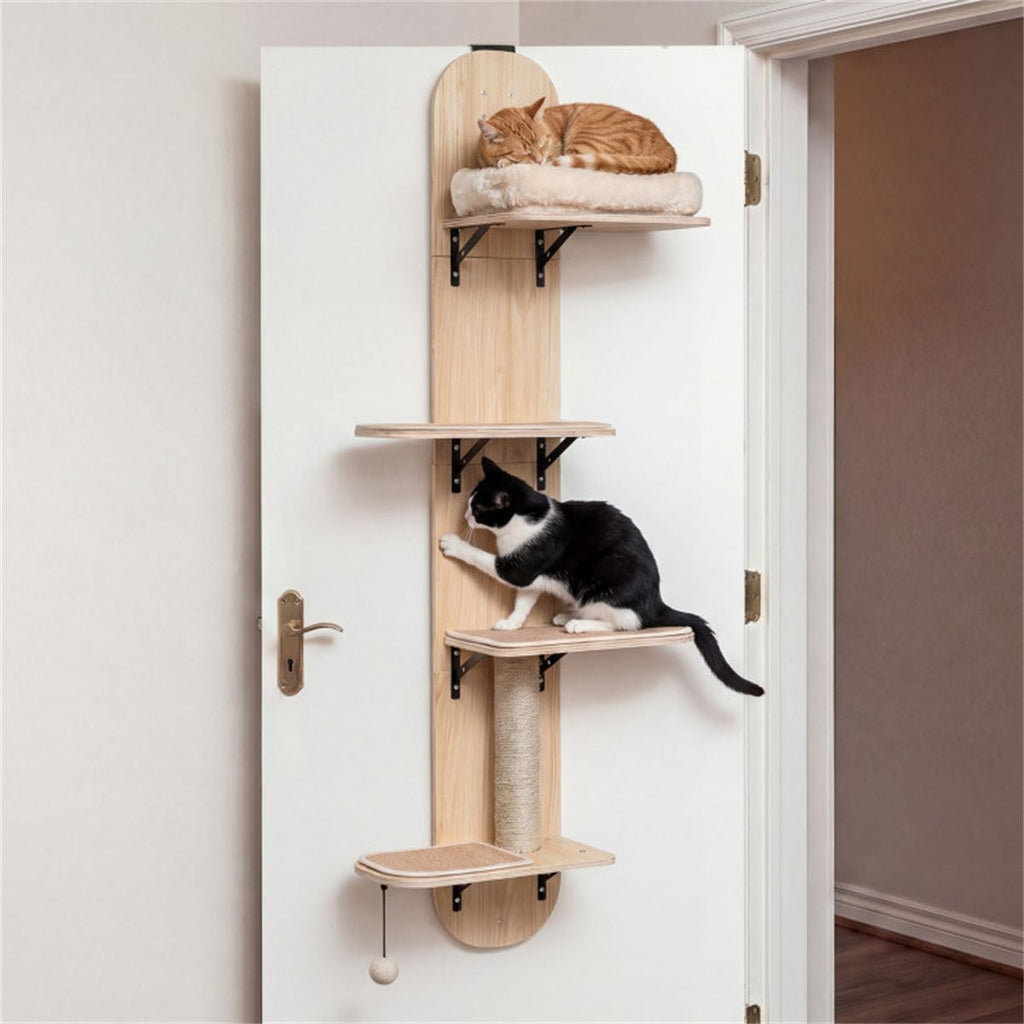 Door Hanging Cat Tree 5-Level Height Adjustable 4-Tier Climber No-Drill for Apartment Beige