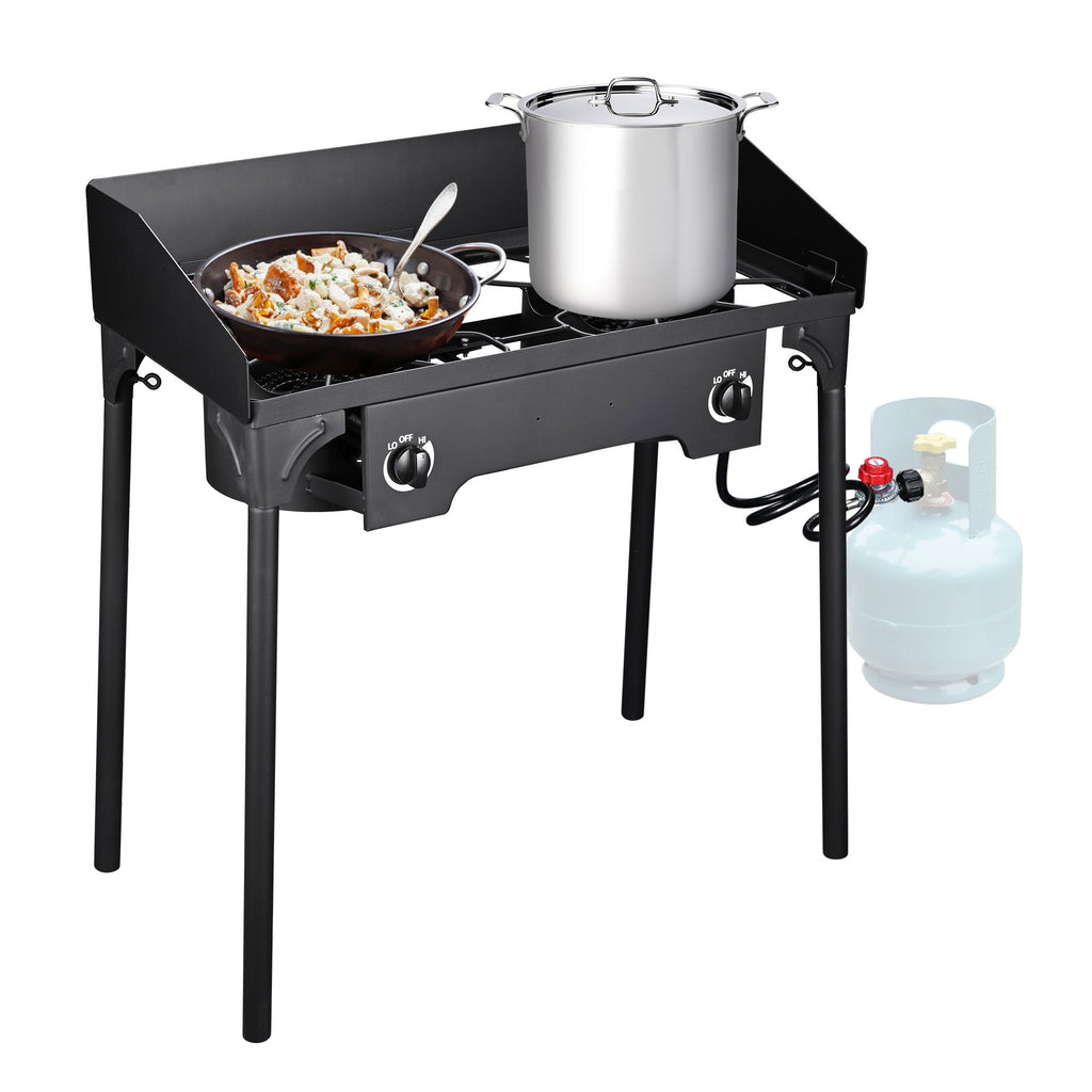 Double Burner Stove 150,000 BTU/hr, Heavy Duty Outdoor Dual Propane with Windscreen and Detachable Legs Stand for Camping CookoutNo shipments on weekends