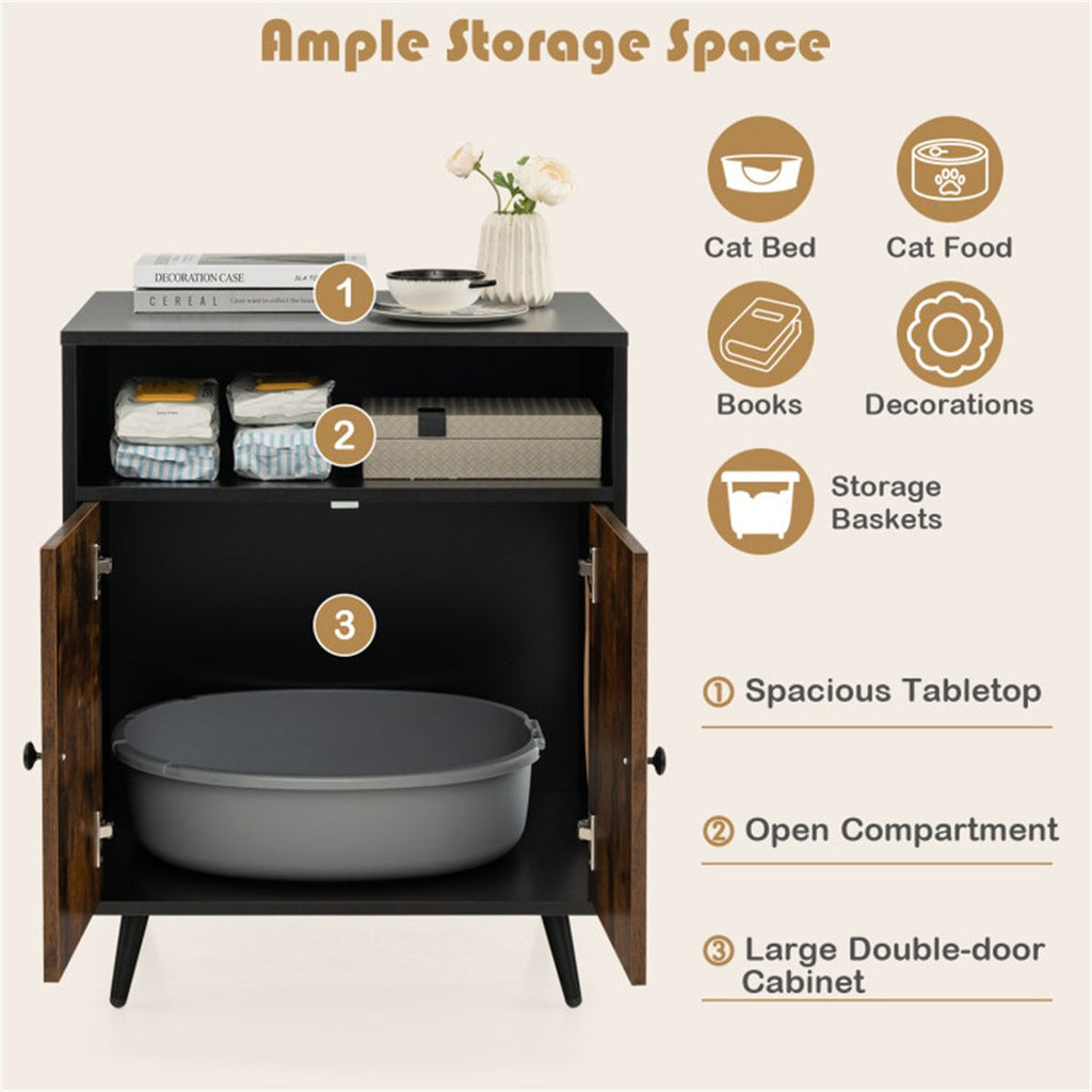 Double door litter box, brown wood interior storage furniture, nightstand, side table, end table