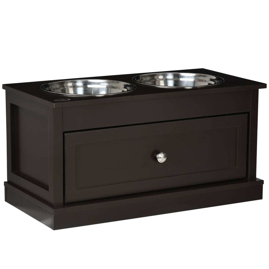Double Elevated Dog Bowls for Large Dogs, Raised Dog Feeding Station with 2 Stainless Steel Bowls, Storage Drawer & Wood Stand for Cats, Brown