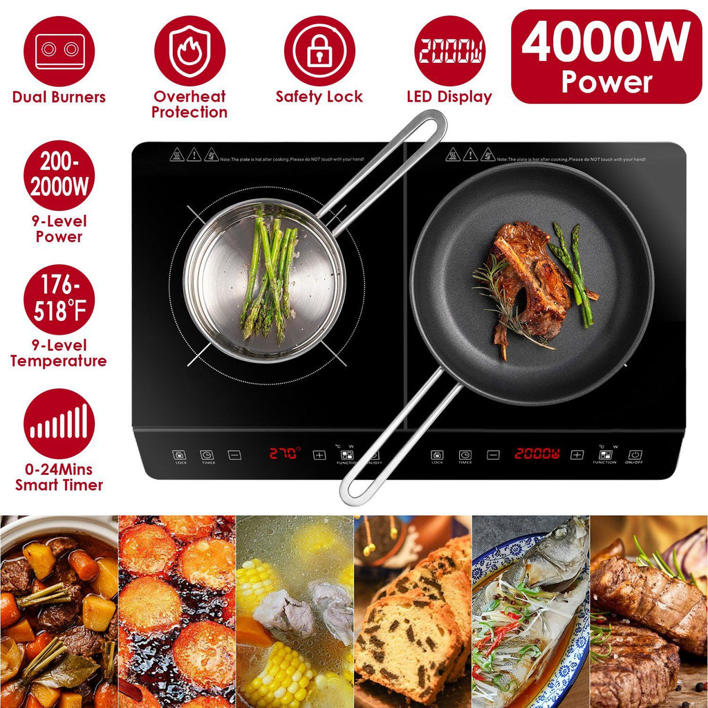 Double Induction Cooktop, Portable Dual Countertop Burner with Sensor Touch, 4000W Induction Cooktop 2 Burner, Electric Countertop Cooker with 9 Temp & Power Levels, 3-Hour Timer,Safety Lock