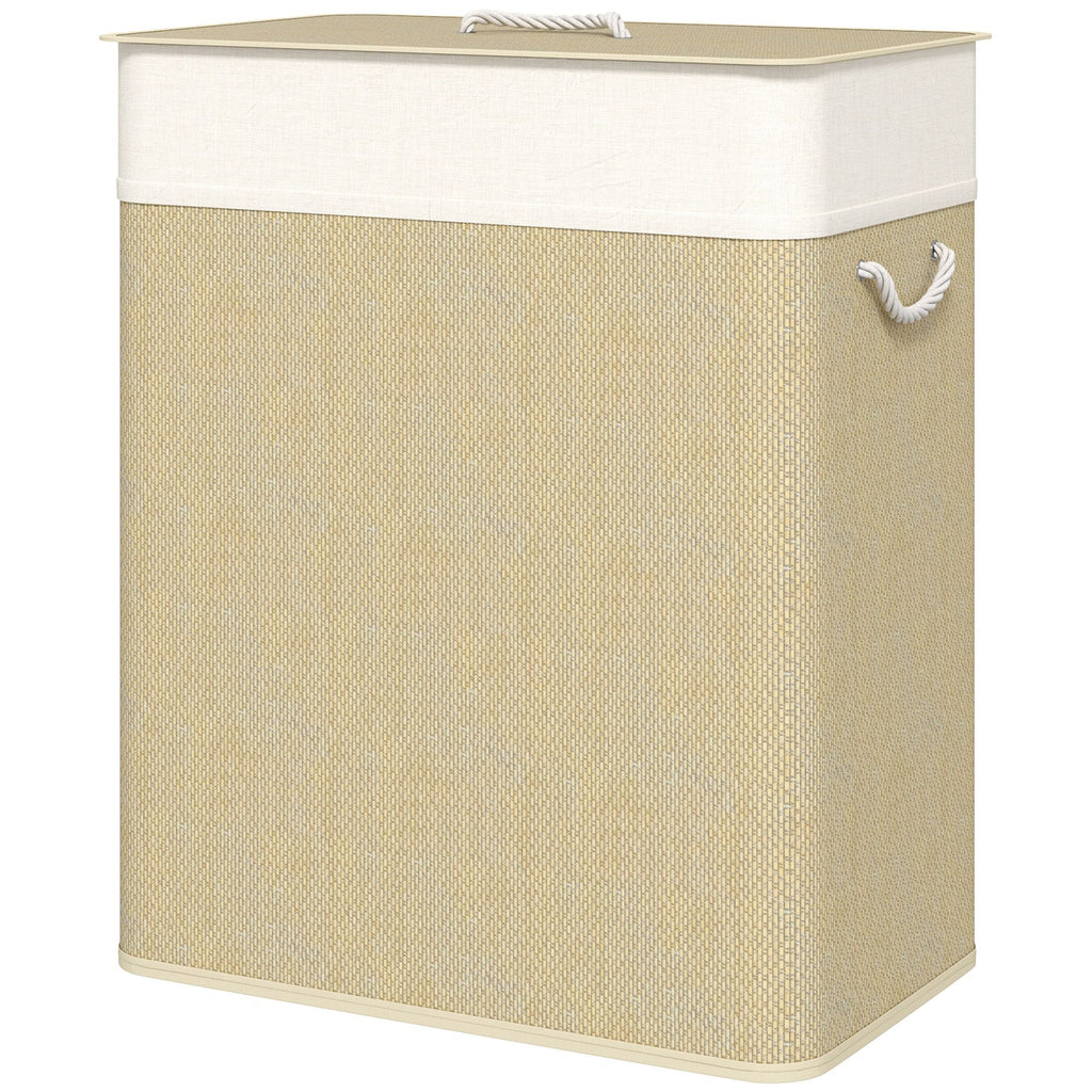 Double Laundry Basket with Lid, 26.4 Gallon Bamboo Laundry Hamper with Rope Handles and Removable Liner, Natural