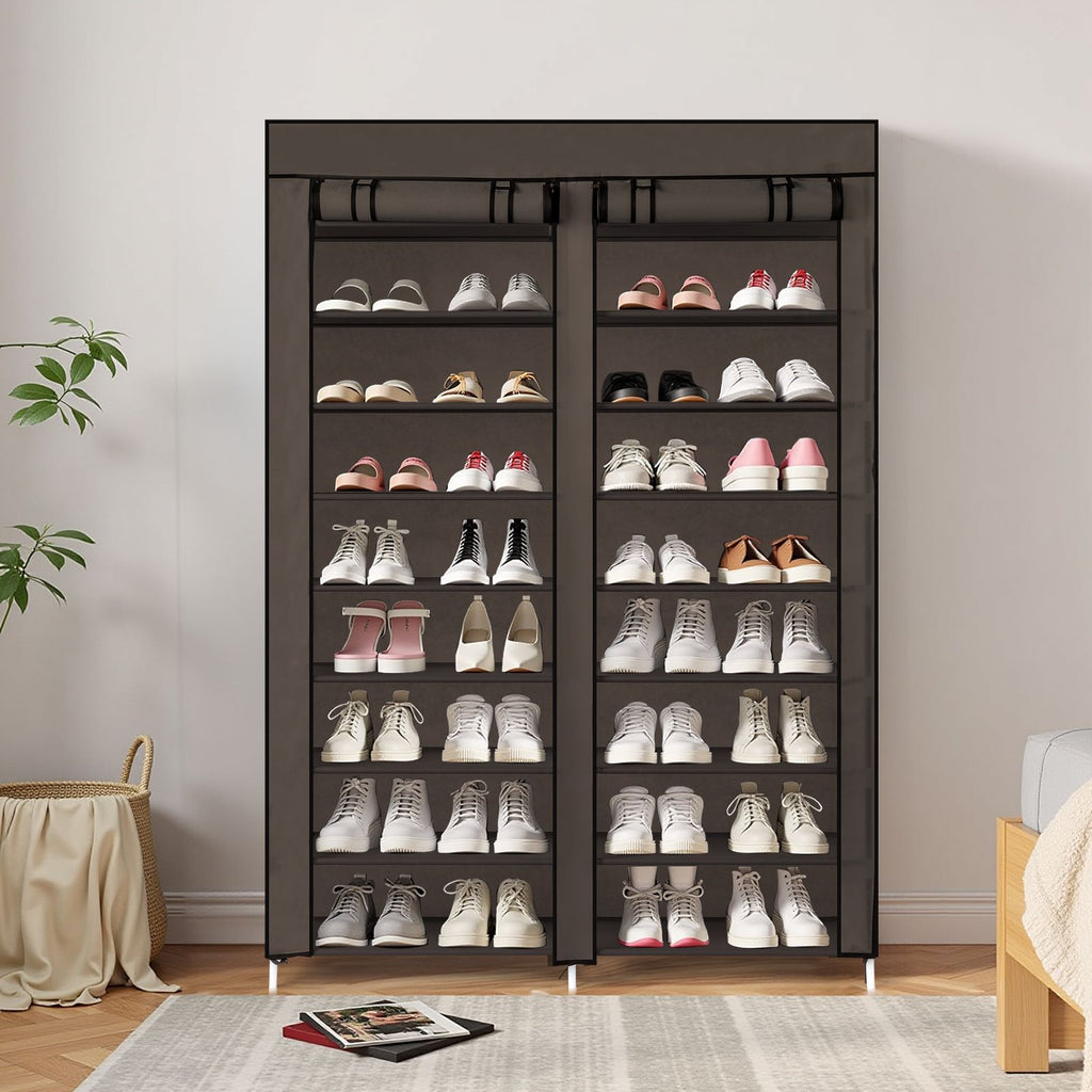 Double Row 10-Tier Non-Woven Fabric Shoe Cabinet with Iron Pipes and Plastic Components, Brown