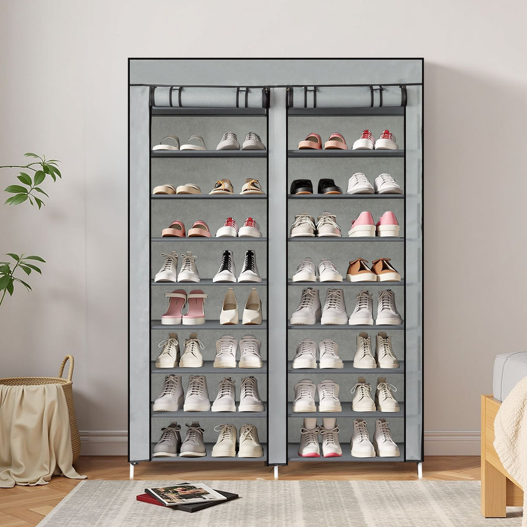 Double Row 10-Tier Non-Woven Fabric Shoe Cabinet with Iron Pipes and Plastic Components, Gray