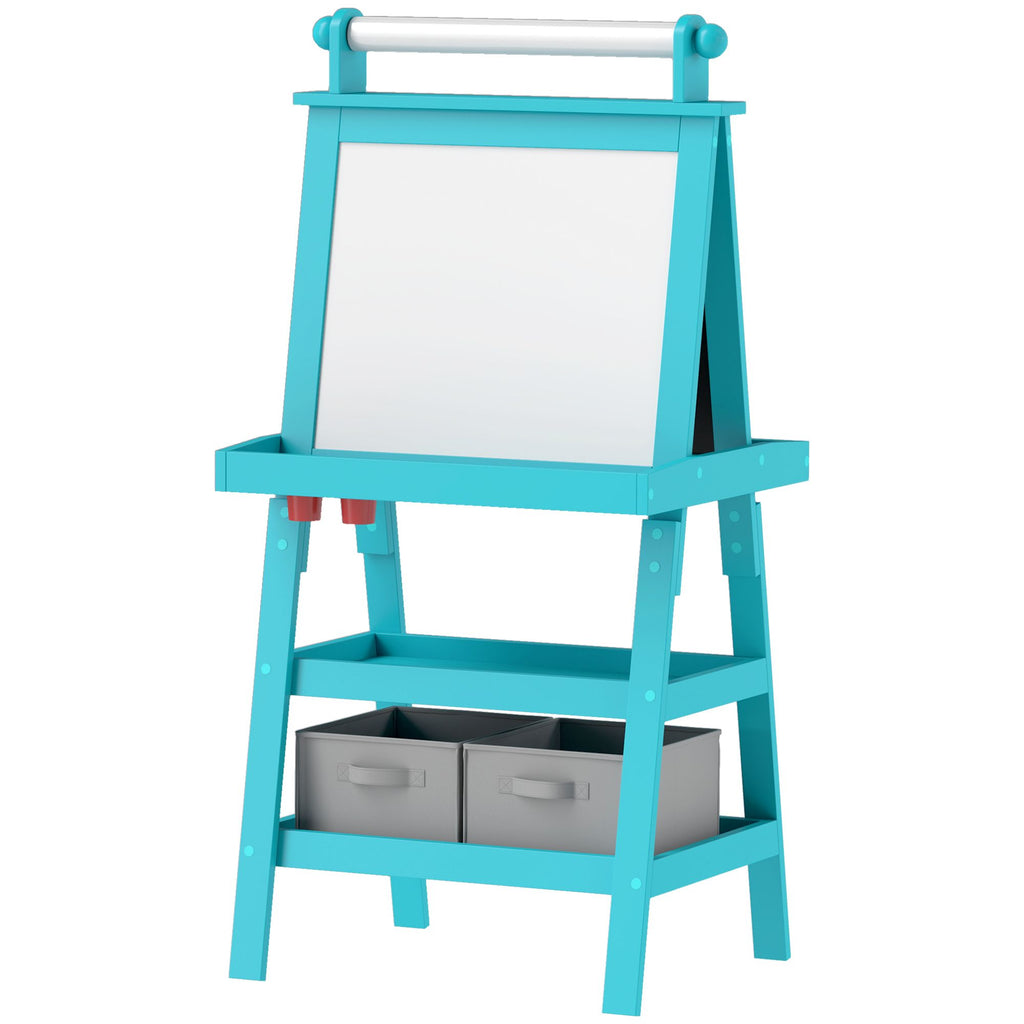 Double Sided Easel for Kids, Standing Toddler Easel with Paper Roll, Magnetic Whiteboard, Chalkboard & Storage, Blue