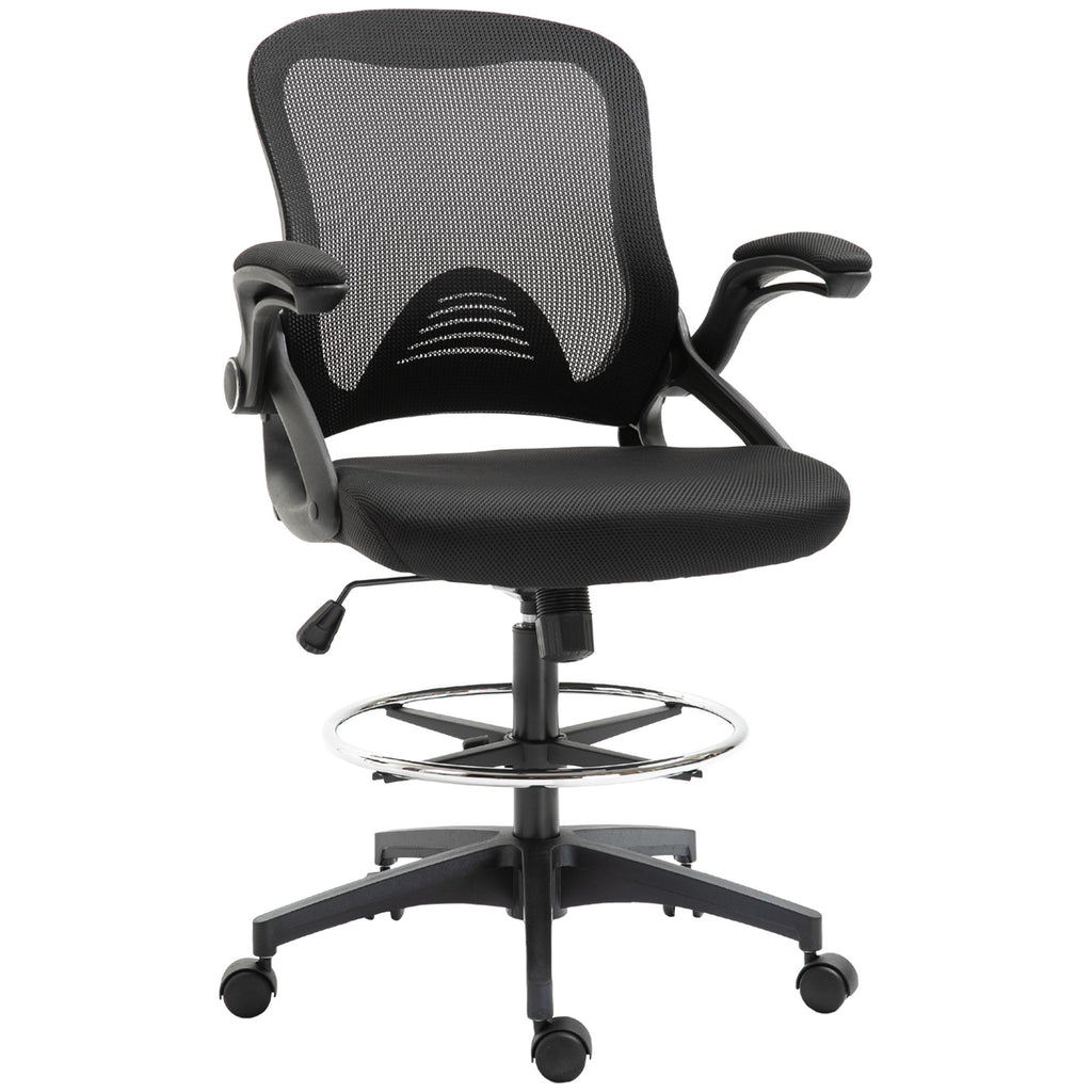 Drafting Chair, Tall Office Chair with Lumbar Support, Flip-Up Armrests, Footrest Ring and Adjustable Seat Height, Black