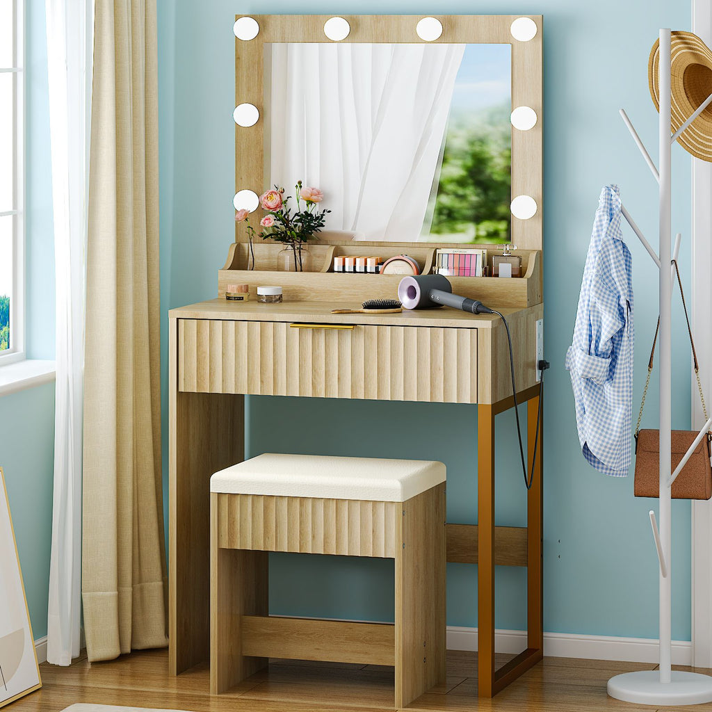 Dressing Table Set with 1 Drawer 3 Storage Compartments and 8 Tri-Color Light Bulbs Grille-Finished Dressing Table with Power Strip Particleboard and Textured Melamine Finish 27.13*15.71*52.87in Oak
