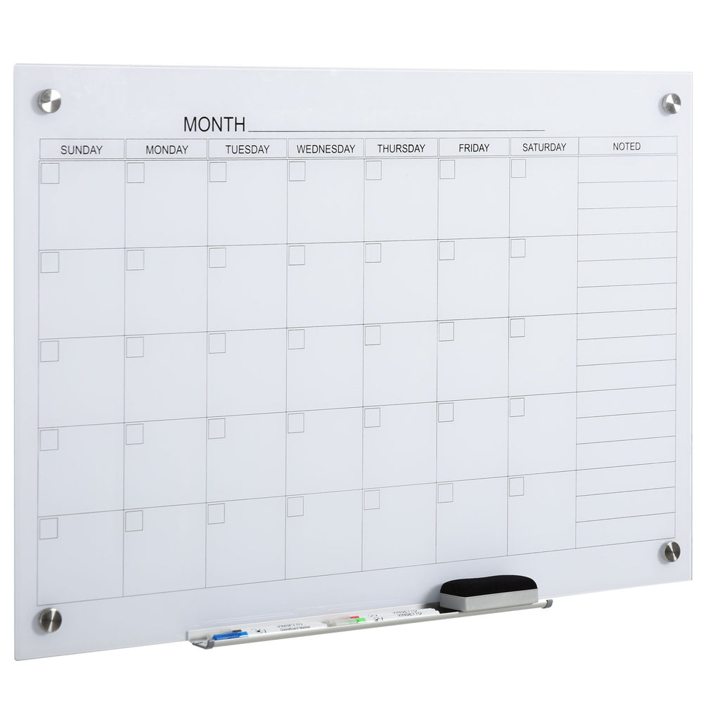 Dry Erase Glass Whiteboard Calendar, 35"x23" Monthly Planner, Frameless, with Markers & Eraser for Home Office