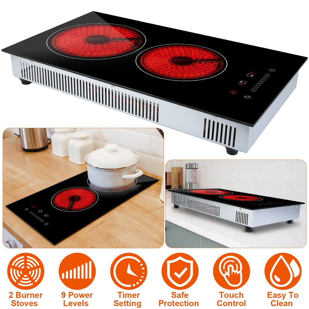 Dual Induction Burners Electric Cooktop 110V Total 1900W Electric Stove Built-in Electric Ceramic Stove with Timer Setting 9 Firepower Levels Over Heating Protection