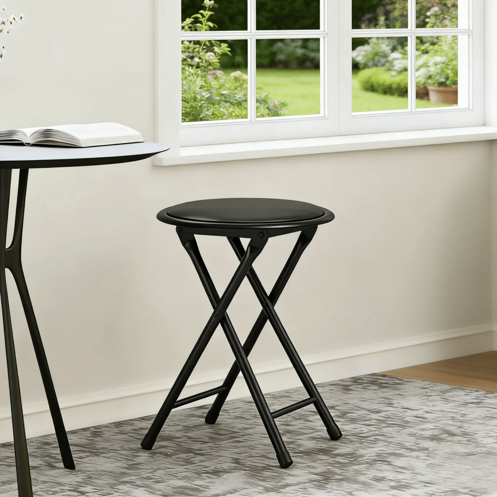 Durable Folding Chair PVC Padded Cushion Chair with Stainless Steel Frame for Home and Office,Gatherings,Black(1Pack)