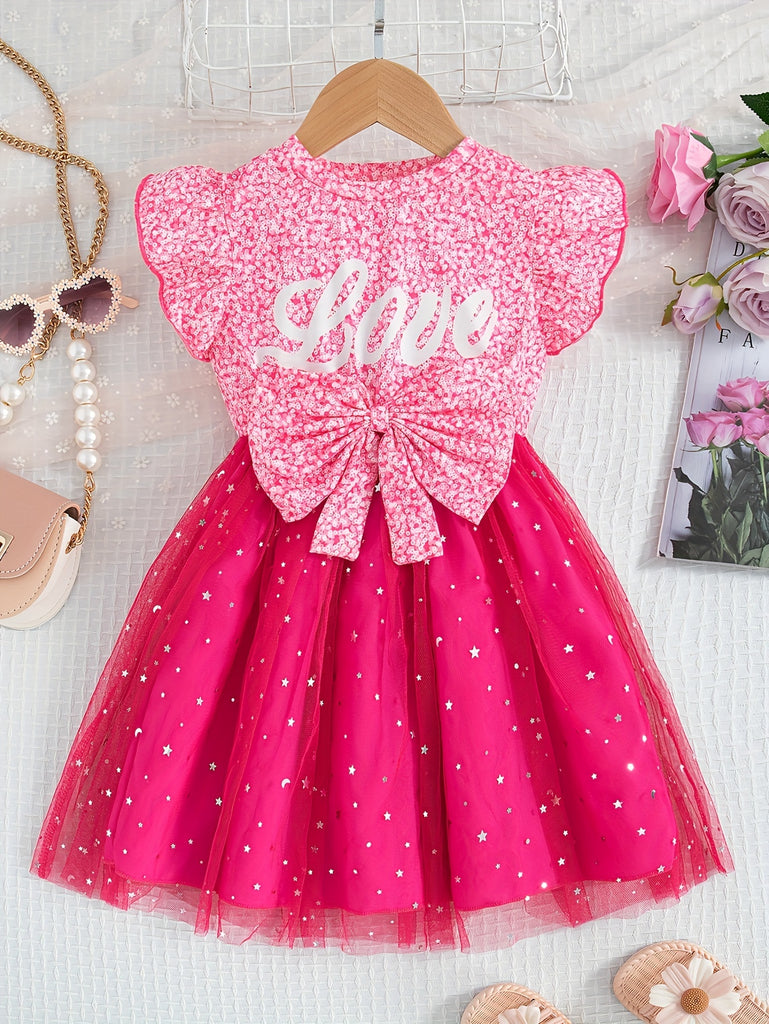 Girls' Summer Fashion Dress, Sleeveless Round Neck with Ruffle Trim, Printed Letter & Star Pattern, Regular Fit Tulle Overlay, Romantic Style for Casual Outings