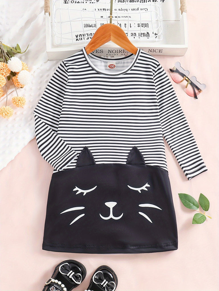 Vibrant Striped Long Sleeve Kitty Design Dress for Girls - Soft, Comfy, and Adorable Outfit for Spring and Fall Seasons - Perfect Gift for Kids