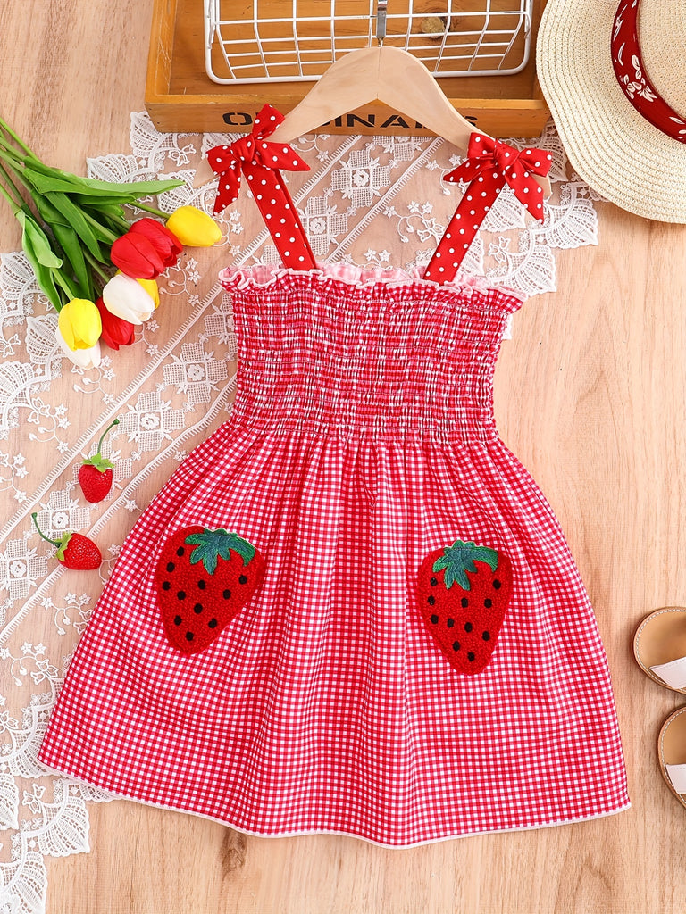 Toddler Girls Strawberry Graphic Shirred Strappy Sundress Casual Plaid Dresses With Polka Dots Straps For Party Beach Vacation Kids Summer Clothes