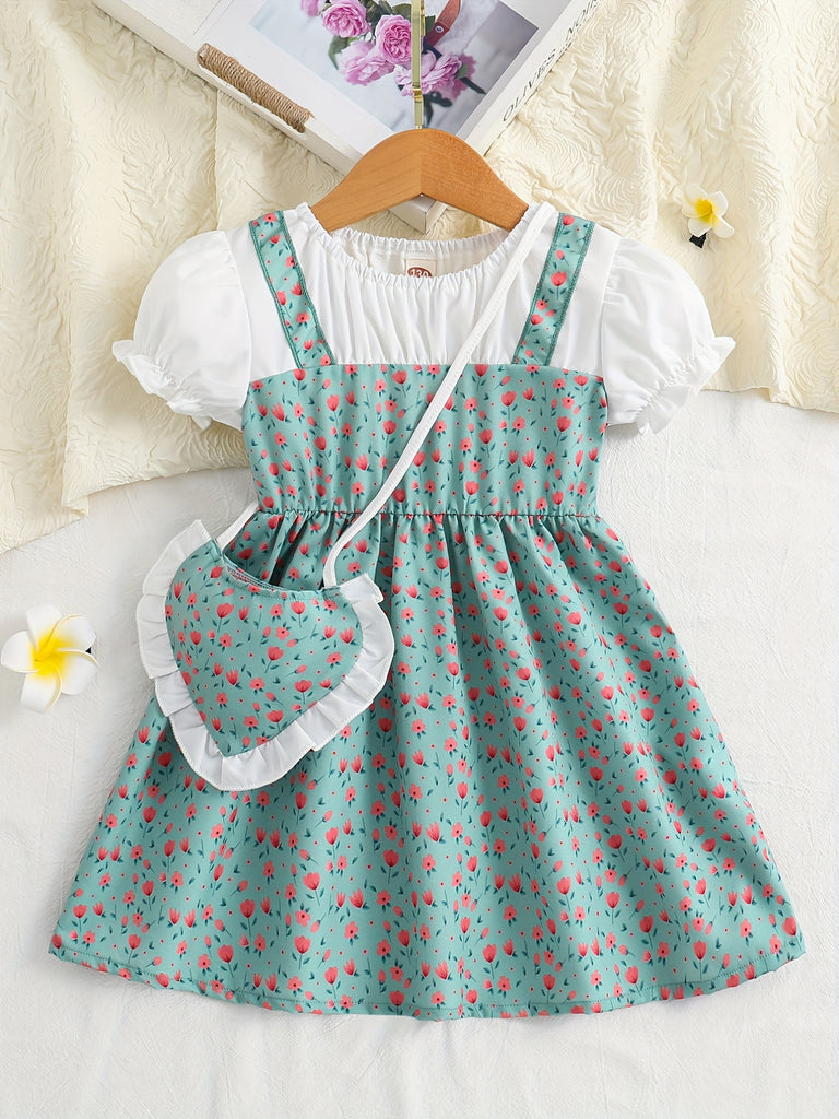 Toddler/ Kid Girls Cute Floral Dress Suit - Short Sleeve Patchwork A-line Dress + Pretty Heart Shaped Bag Set Kids Summer Clothes