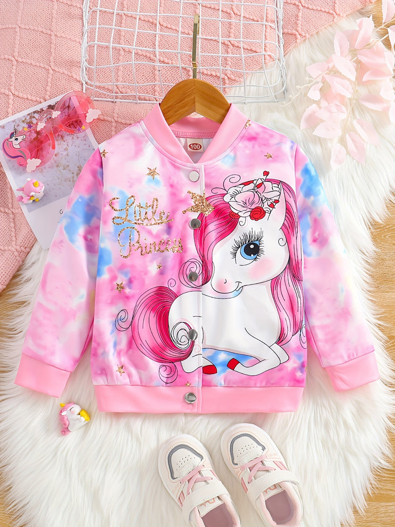 Girl's Unicorn ''Little Princess'' Print Snap Button Bomber Varsity Jacket, Kids Clothing For Fall/ Spring