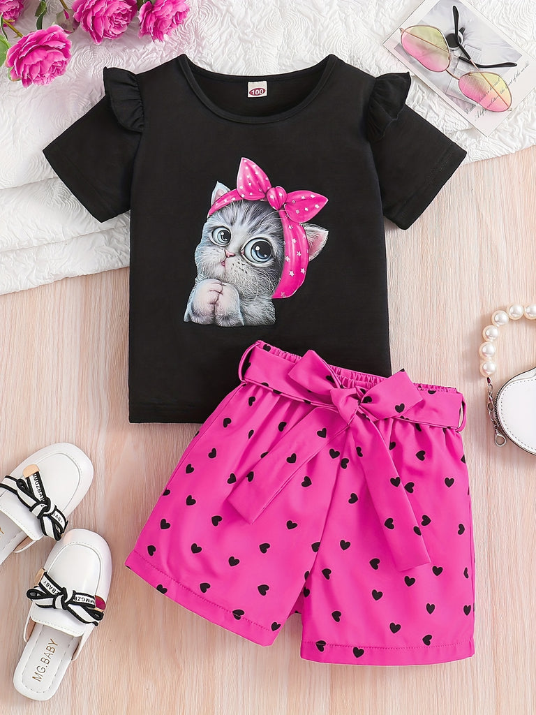 2pcs Toddler Girls Cute Cartoon Bow Cat Graphic Ruffle Trim T-Shirts Casual Round Neck Tees Top & Heart Graphic Belted Shorts Set Kids Summer Clothes