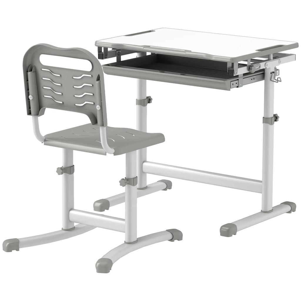 eight Adjustable Kids Desk and Chairs Set with Tilt Desktop, Storage Drawer, Pen Slot, Hook, Gray