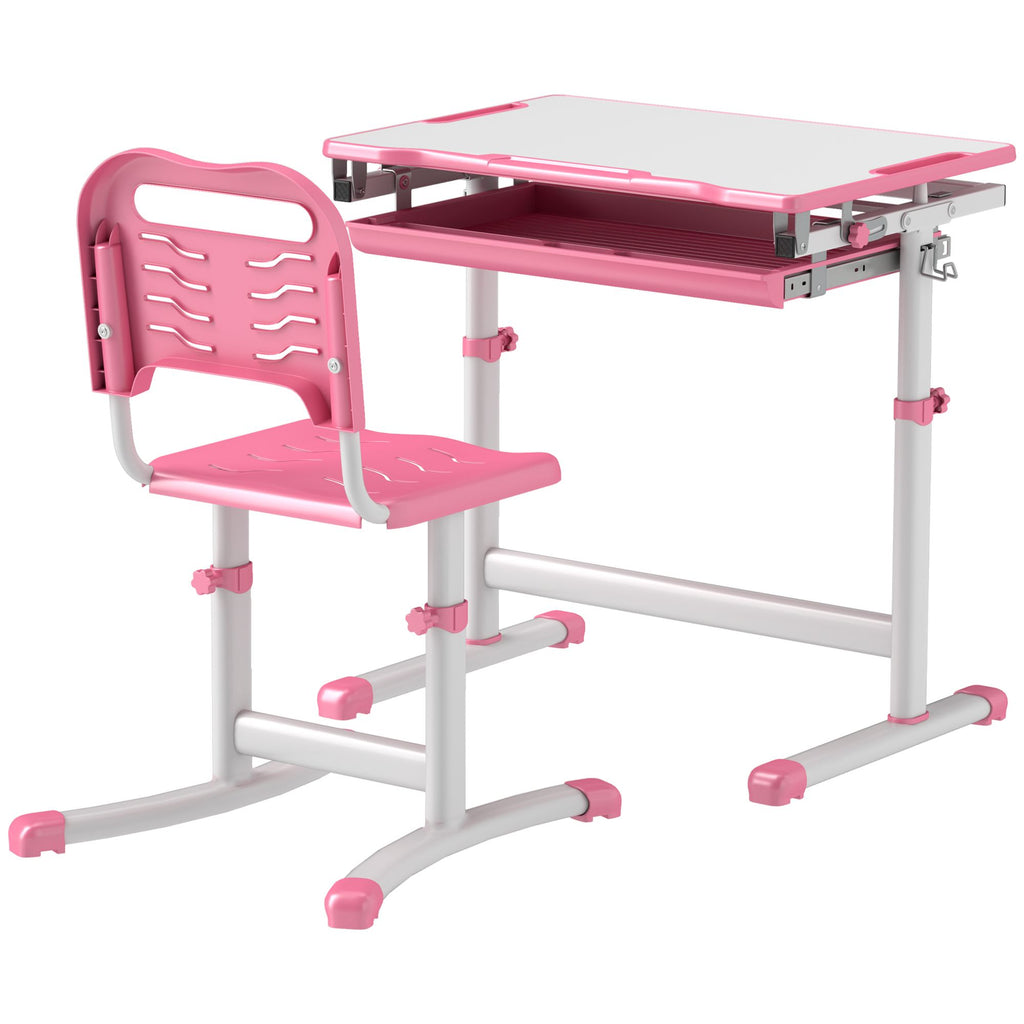 eight Adjustable Kids Desk and Chairs Set with Tilt Desktop, Storage Drawer, Pen Slot, Hook, Pink