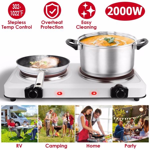Electric Hot Plate for Cooking,Electric Cooktop 2 Burner,2000W Portable Electric Stove,Glass Cooktop Stepless Temperature Adjustments,Countertop Cooktop for Dorm,Compatible with All Cookware