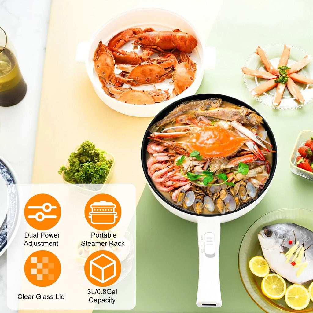 Electric Hot Pot Non-Stick Frying Pan Portable Rapid Noodles Cooker with Long Handle Steamer Spatula Dual Power Control Overheat Dry-Boil Protection for College Dorm Room Essential