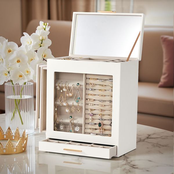 Elegant 4-Drawer Jewelry Box with Clear Front & Pink Velvet Interior – White Storage Cabinet for Accessories