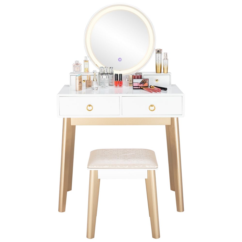 Elegant Vanity Set with Lighted Round Mirror and Cushioned Stool White&Champagne Color Finish Vanity Desk Solid Wood Makeup Dressing Table w/4 Storage Drawers and Vanity Bench -Women Girls Gift
