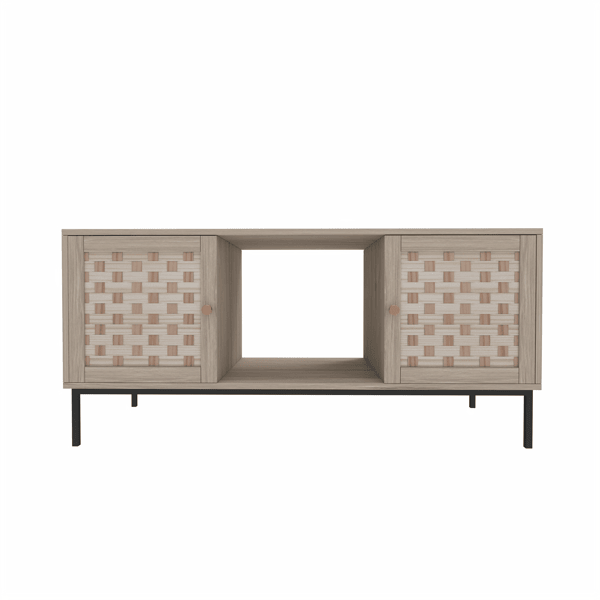 Elegant Veener Weaving Design Coffee Table with 4 Sliding Door, Wooden Center Rectangular Table with Symmetrical Design Storage Cabinet