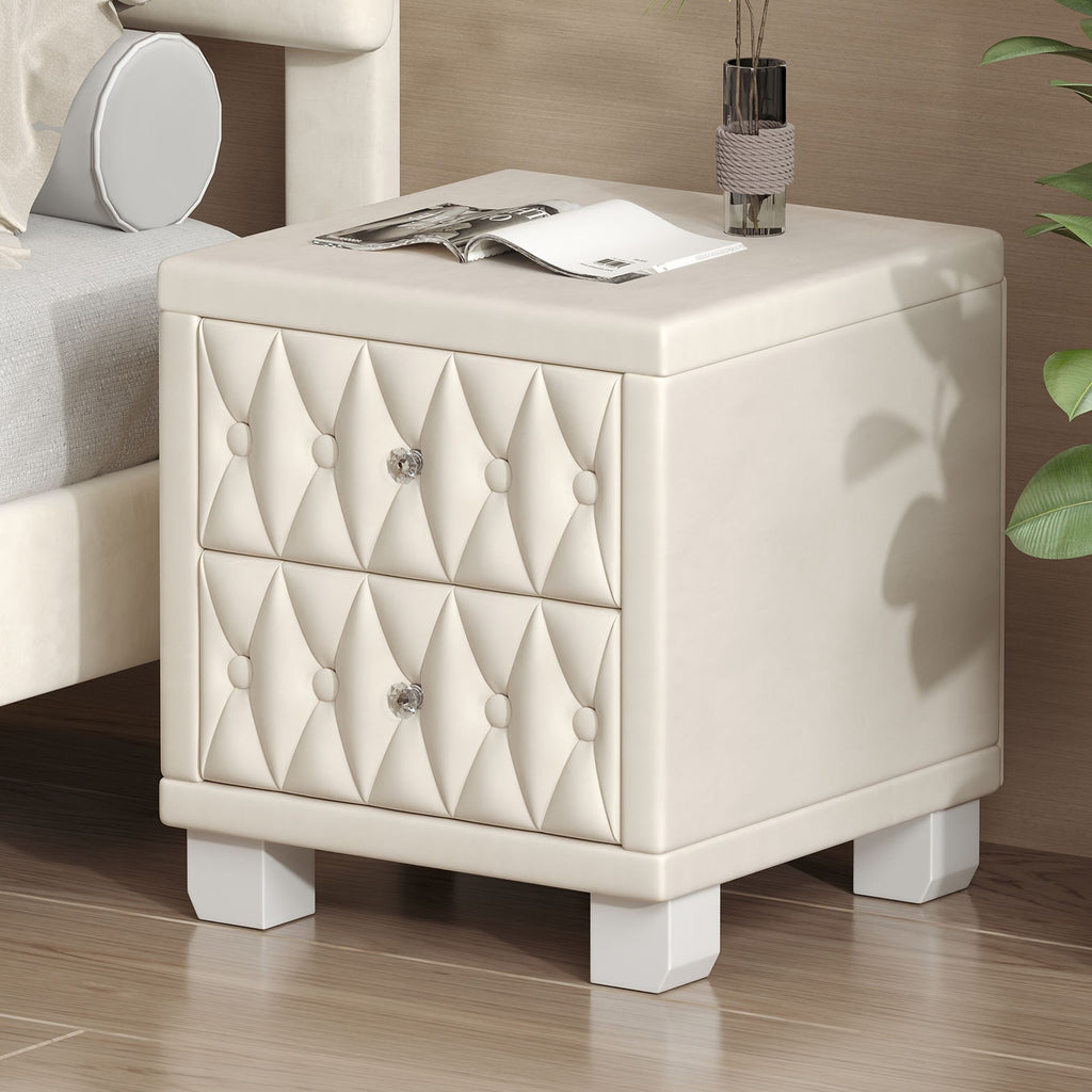 Elegant Velvet Nightstand with 2 Drawers and Crystal Handle, Storage Bedside Table with Button-Tufted, Beige(Old SKU:N733P210398A)