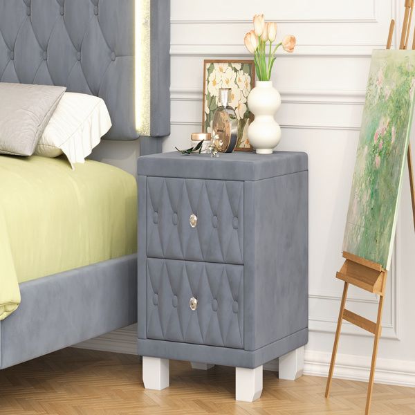 Elegant Velvet Nightstand with 2 Drawers and Crystal Handle, Storage Bedside Table with Button-Tufted, Grey