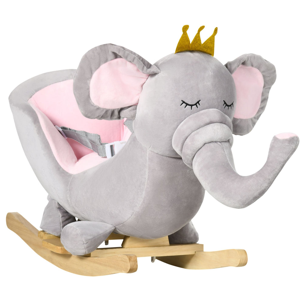 Elephant Baby Rocking Horse with Sound, Wooden Base, Safety Belt for Toddlers 1.5-3 Years, Gray