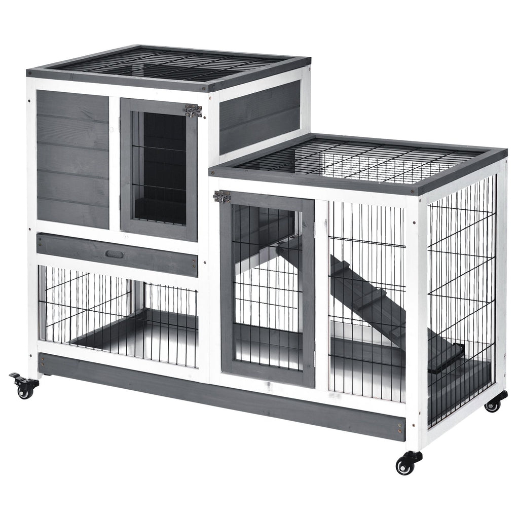 Elevated Bunny Cage Indoor Rabbit Hutch with Wheels Ramp Removable Tray for Guinea Pigs Gray