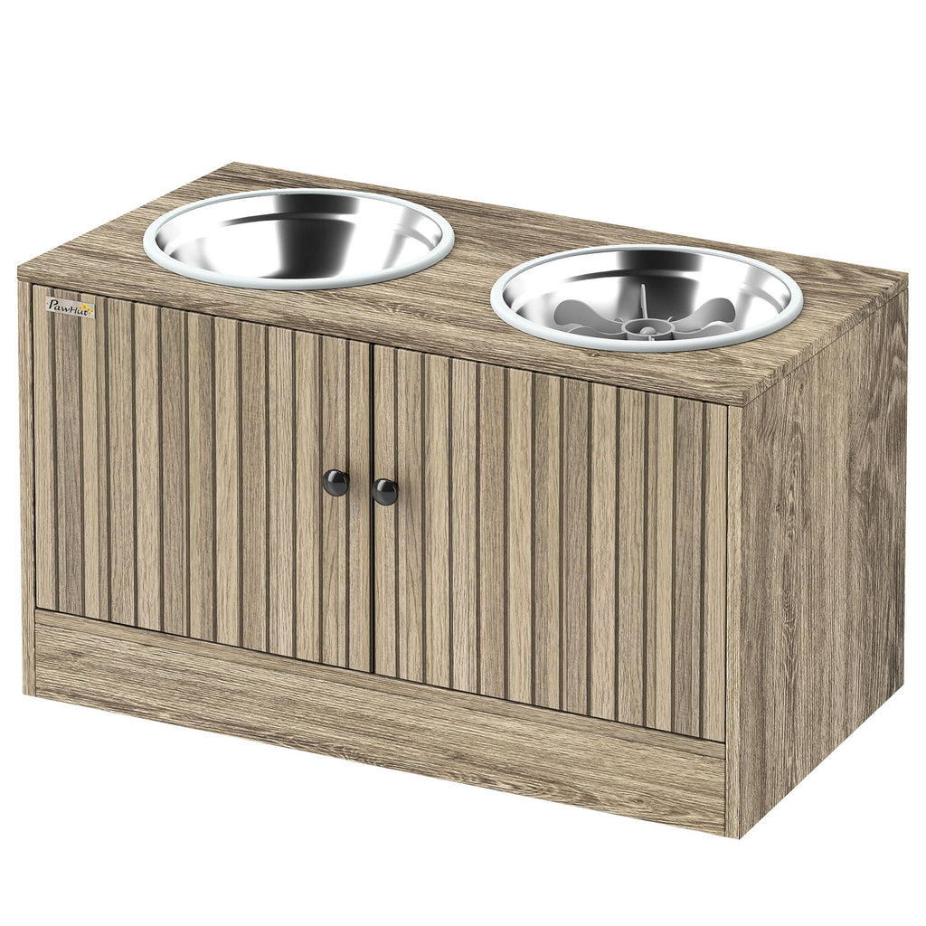 Elevated Dog Bowls with Storage Cabinet, 2 Stainless Steel Bowls, Slow Feeder, Dog Feeding Station for Large Dogs, Brown Wood Grain
