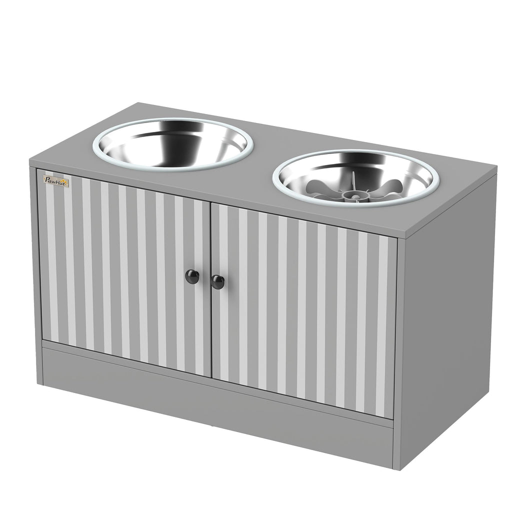 Elevated Dog Bowls with Storage Cabinet, 2 Stainless Steel Bowls, Slow Feeder, Dog Feeding Station for Large Dogs, Gray