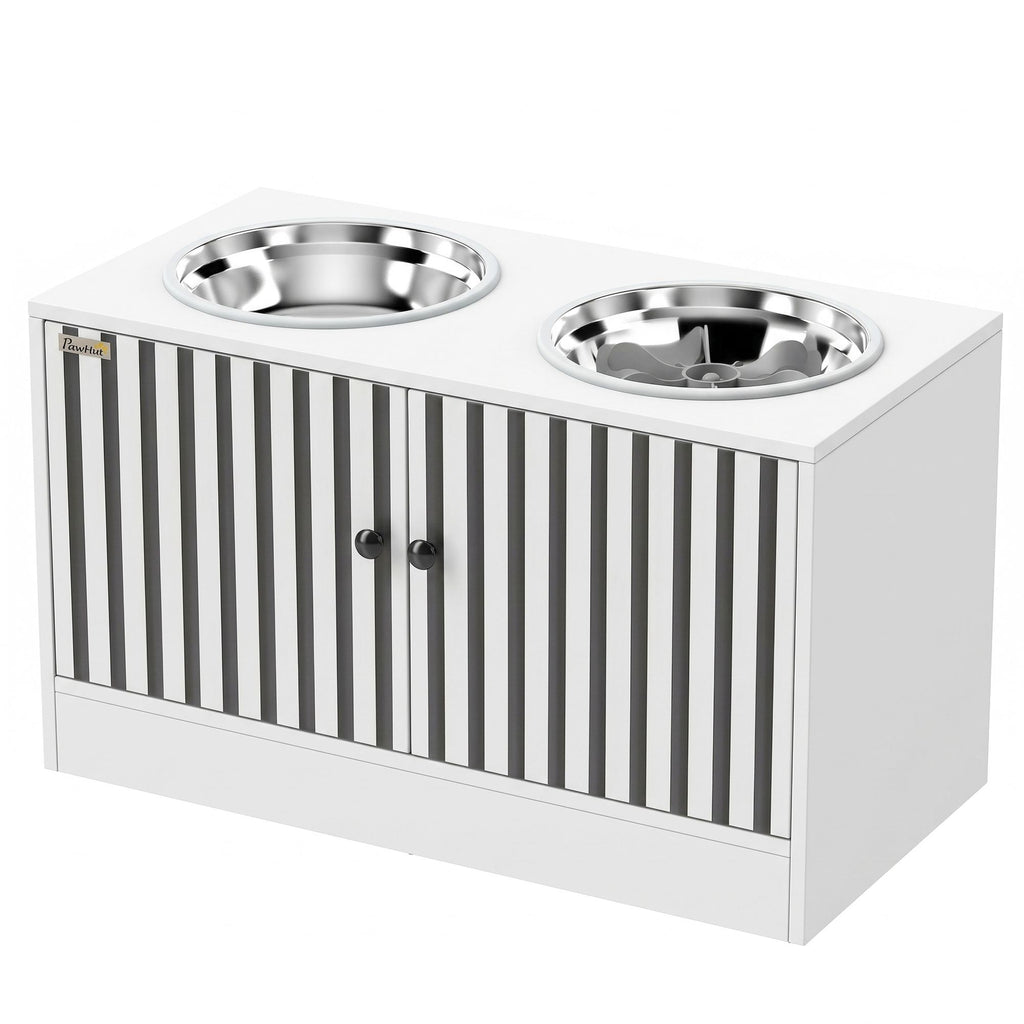 Elevated Dog Bowls with Storage Cabinet, 2 Stainless Steel Bowls, Slow Feeder, Dog Feeding Station for Large Dogs, White