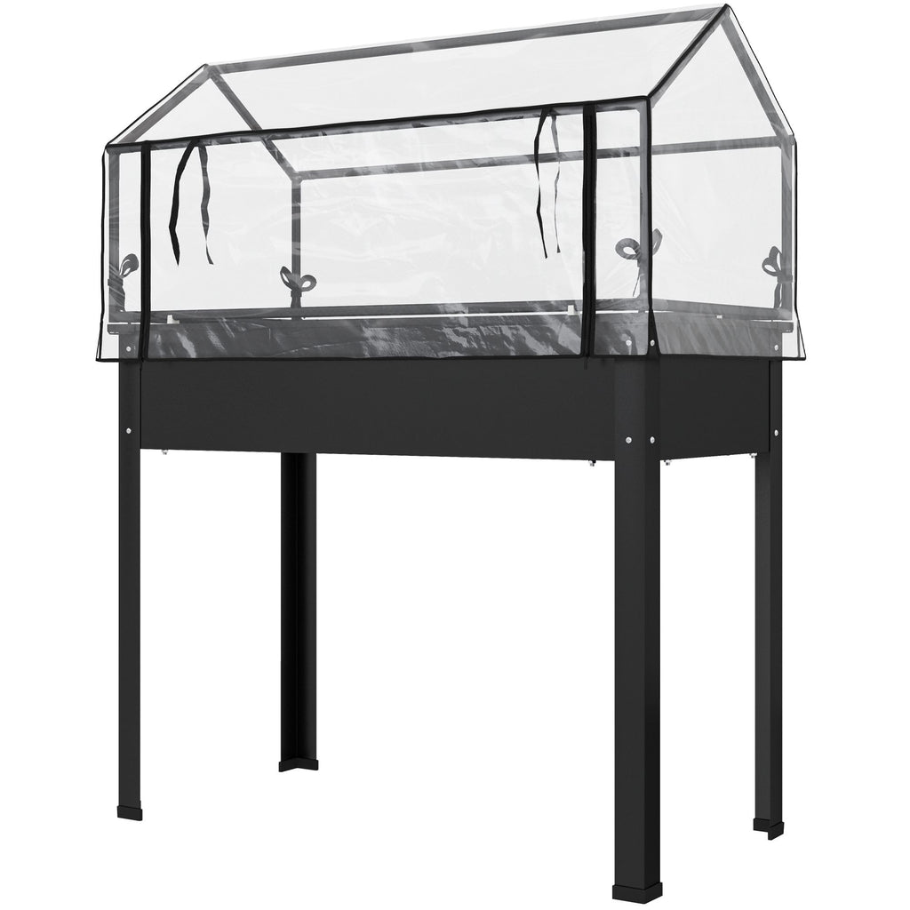 Elevated Garden Box with Greenhouse Cover, Raised Garden Bed with Legs and Drainage Hole for Vegetables, Black