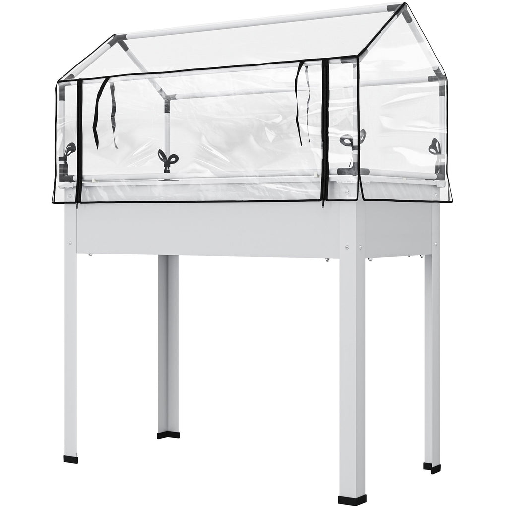 Elevated Garden Box with Greenhouse Cover, Raised Garden Bed with Legs and Drainage Hole for Vegetables, White