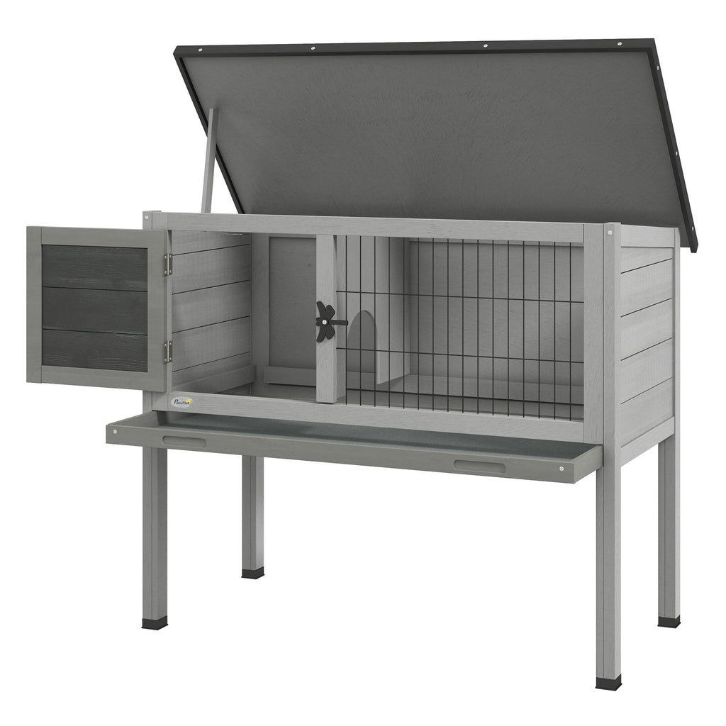 Elevated Rabbit Hutch, Wooden Bunny Cage with Hinged Asphalt Roof and Removable Tray, for Indoor/Outdoor, Gray