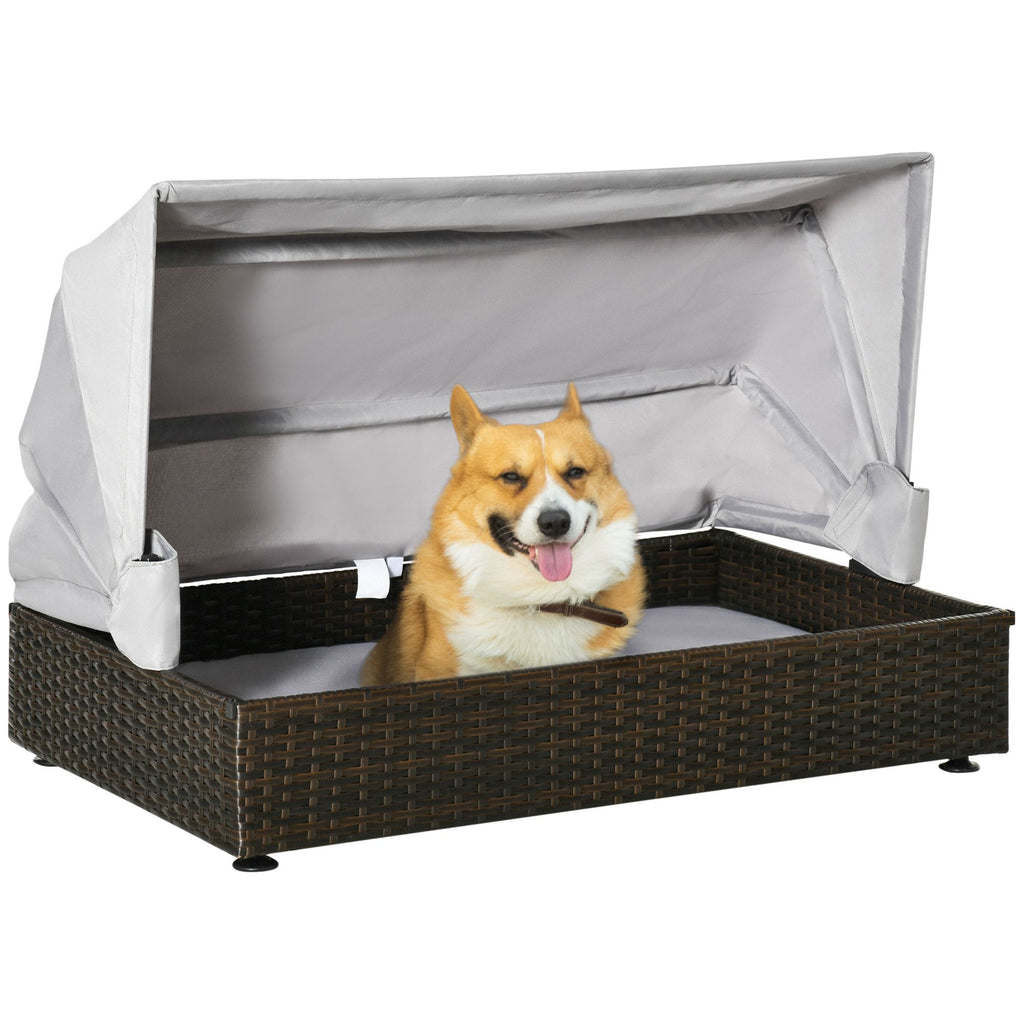 Elevated Wicker Dog House Pet Sofa Rattan Cat Bed with Roof for Patio Coffee