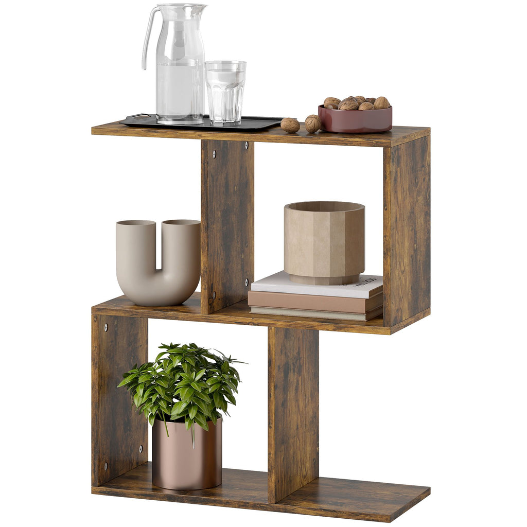 End Table, Narrow Side Table with Storage Shelves, S-Shaped, 3-Tier, 19.7" W x 7.7" D x 22.8" H, Rustic Brown