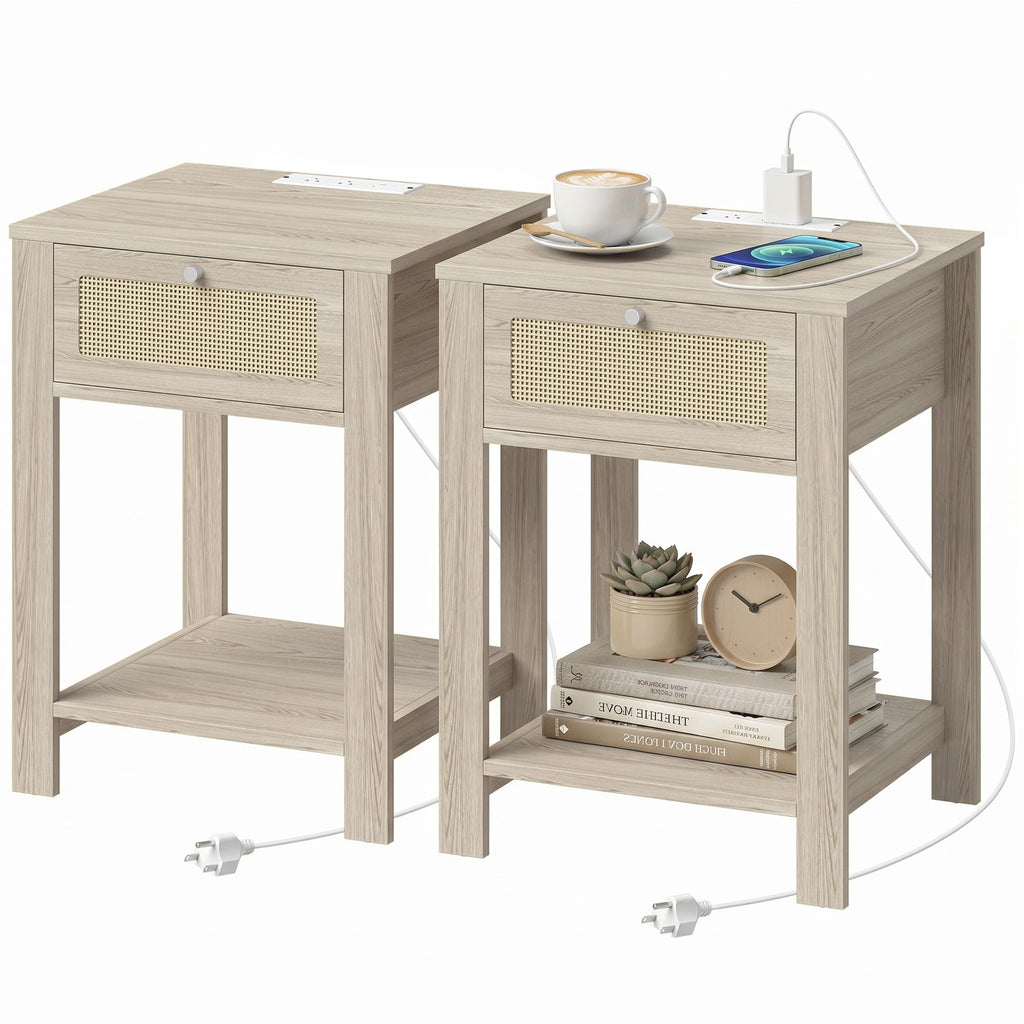 End Table Set of 2 with Charging Station, Bed Side Tables Set with Drawer, Storage Shelf for Living Room, Natural Wood