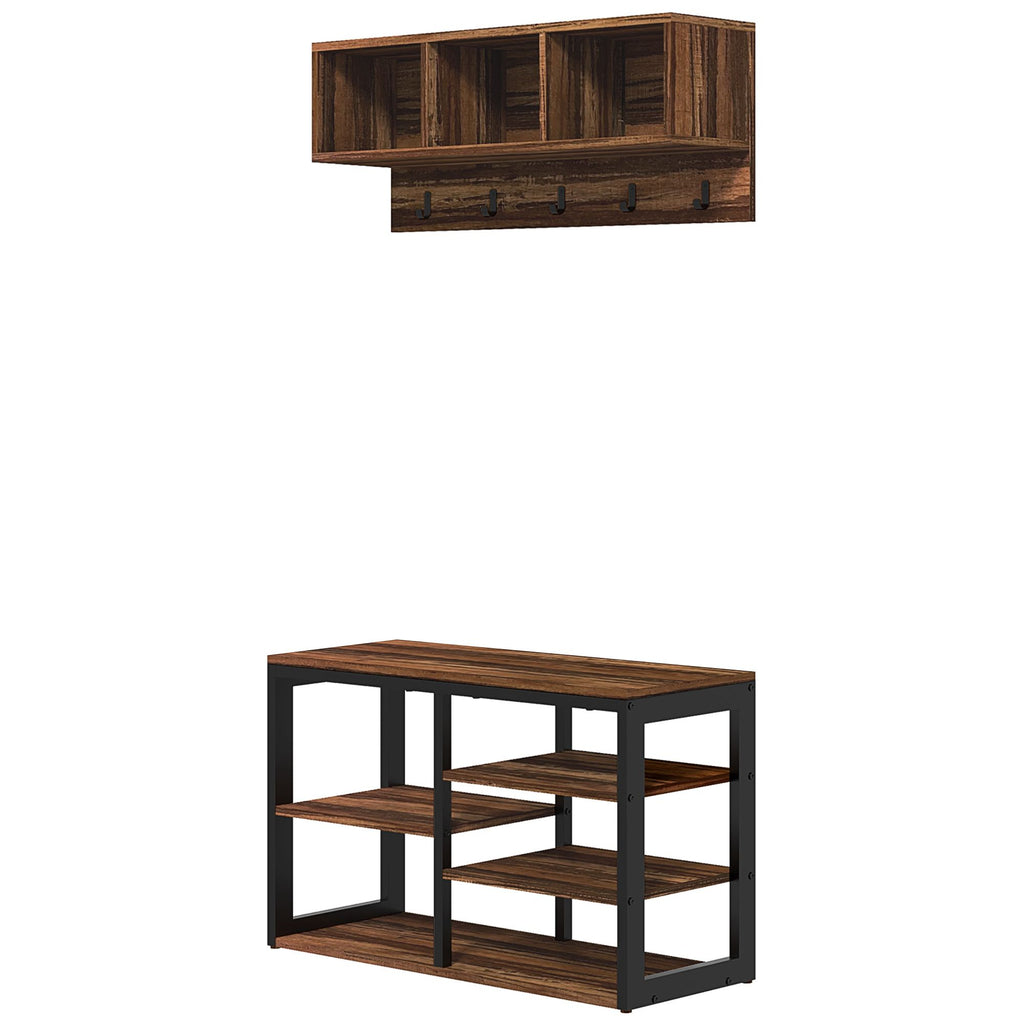 Entryway Coat Rack and Shoe Bench Set 5-Hook Hall Tree Brown for 10 Pairs