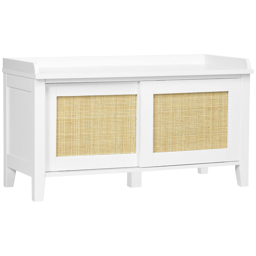 Entryway Shoe Bench with Storage, Entryway Bench with Shoe Cabinets, 2 Rattan Sliding Doors & Pine Wood Legs for Hallway Living Room, White