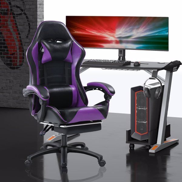 Ergonomic Gaming Chair with Footrest, PU Leather Video Game Chairs for Adults, Reclining Gamer Chair Office Chair with Lumbar Support, Comfortable Computer Chair for Heavy People