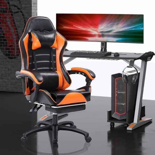 Ergonomic Gaming Chair with Footrest, PU Leather Video Game Chairs for Adults, Reclining Gamer Chair Office Chair with Lumbar Support, Comfortable Computer Chair for Heavy People