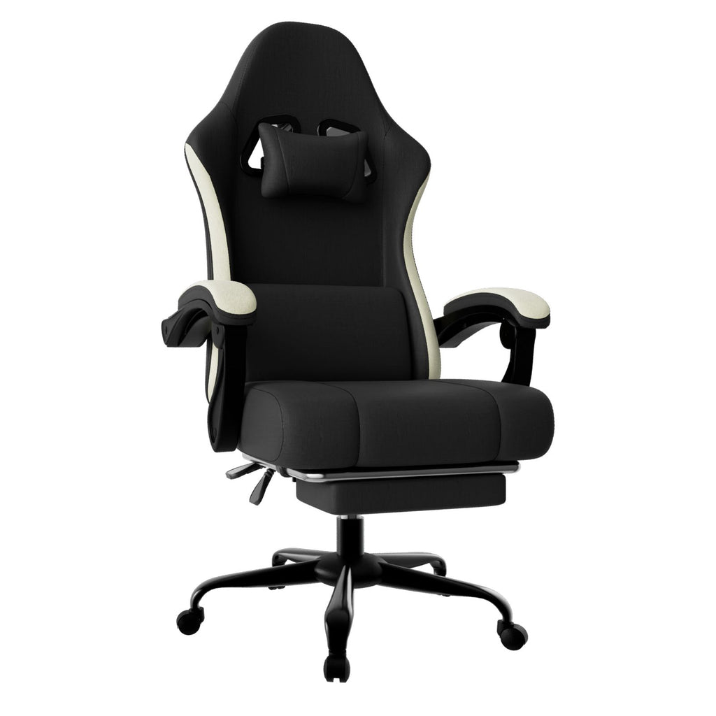 Ergonomic Gaming Chair with Pocketed Spring Cushion, Breathable Fabric Computer Chair with Footrest, Adjustable Lumbar Support Video Game Chair for Adults, Black