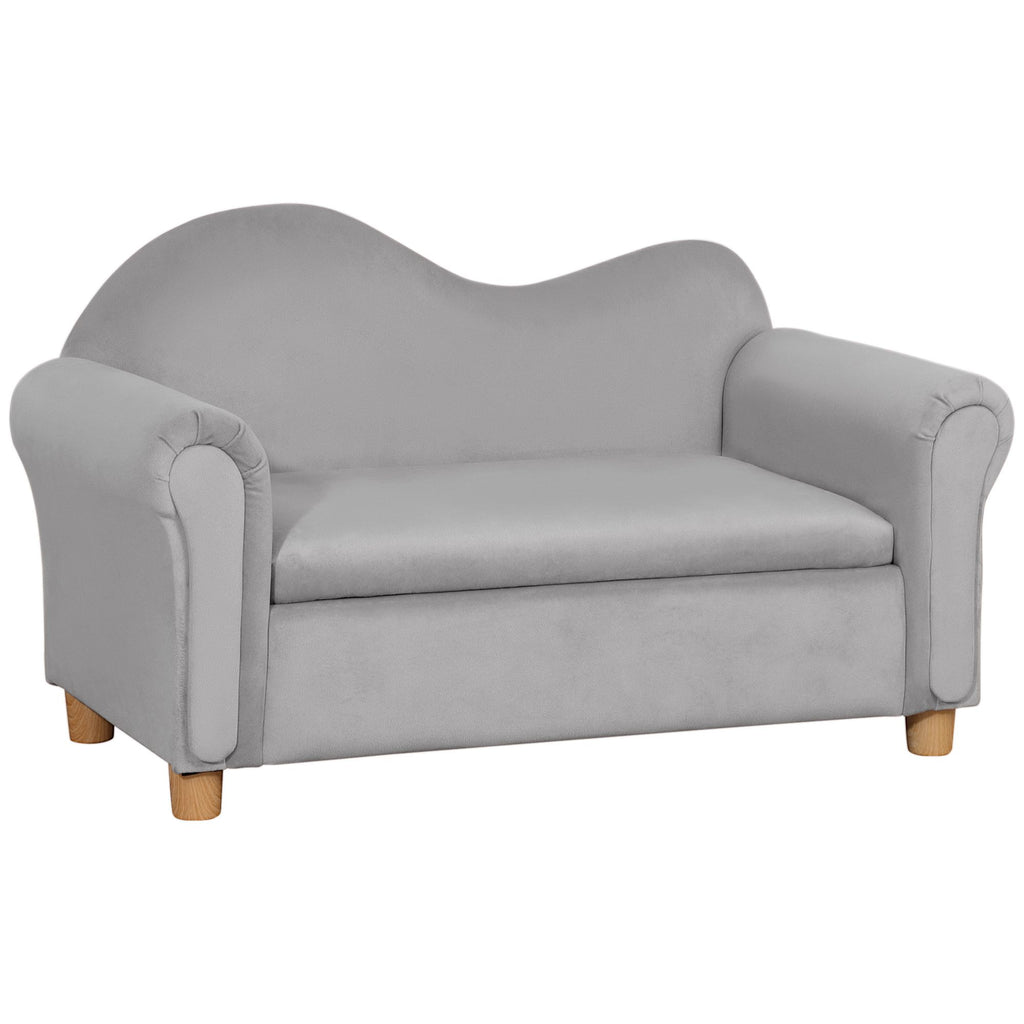 Ergonomic Gray Foam Kids Sofa Velvet Lounge with Inner Toy Storage Soft Arms Childrens Couch